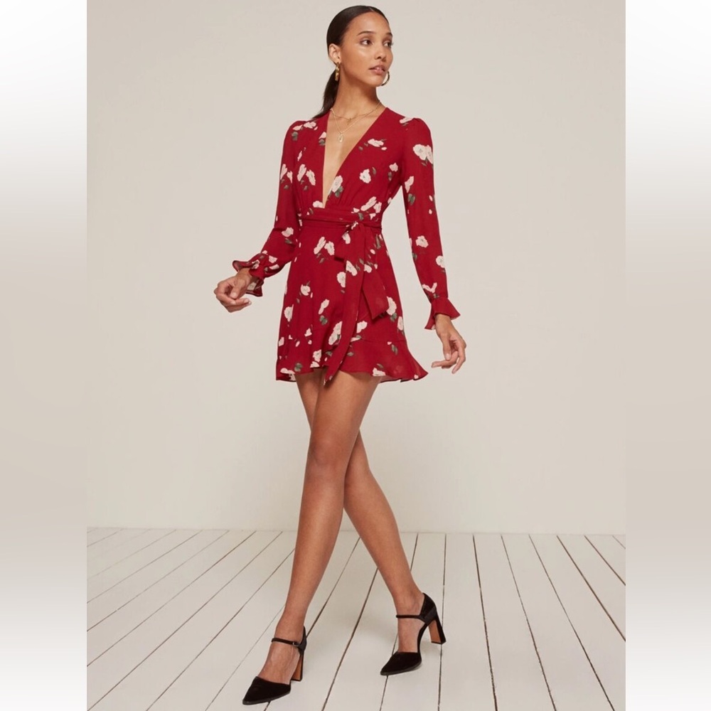 Reformation Red Floral Wrap Dress Size MP